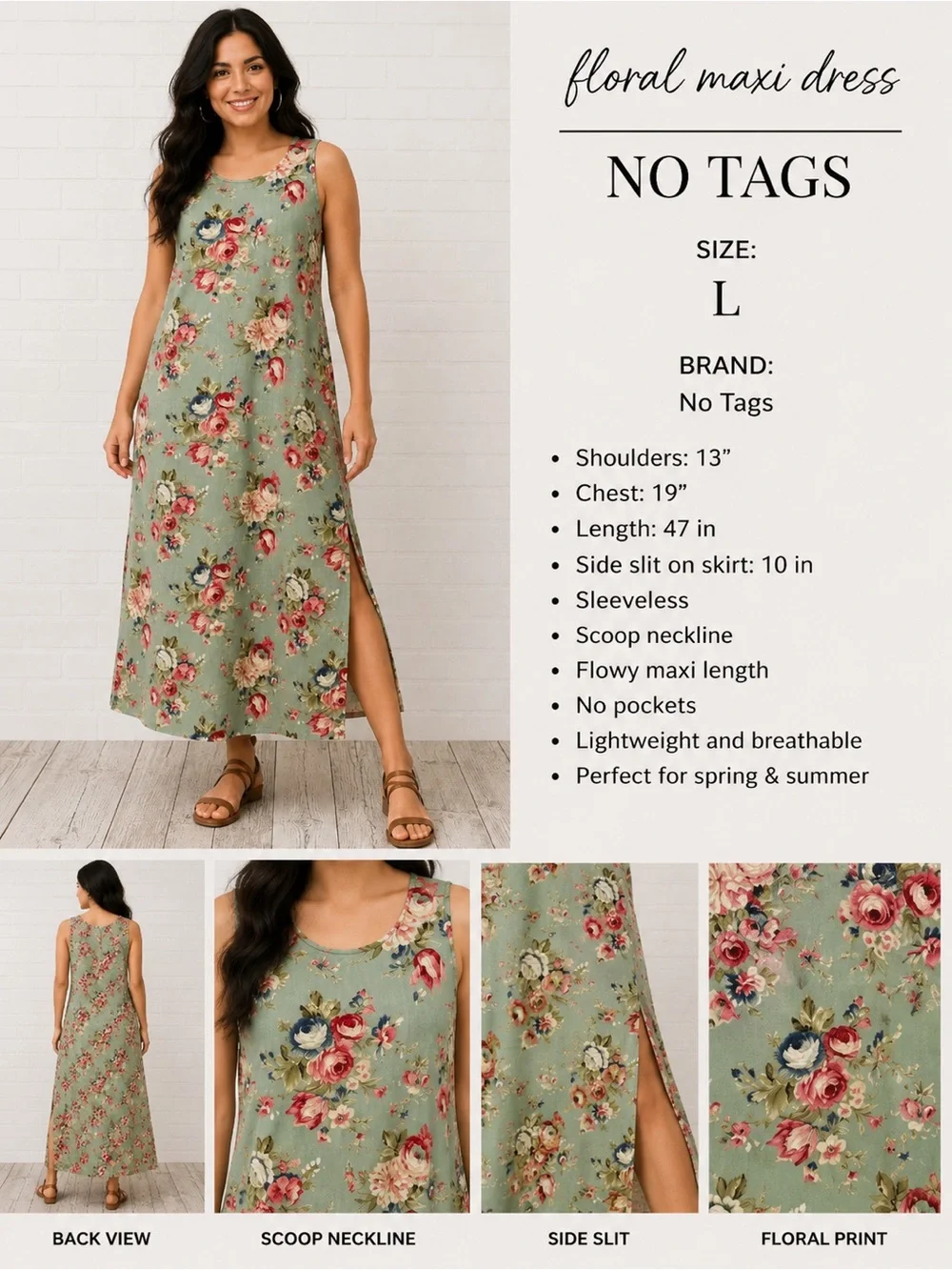 Floral Maxi Dress Sleeveless Side Slit romantic bohemian Cottagecore Boho Size L